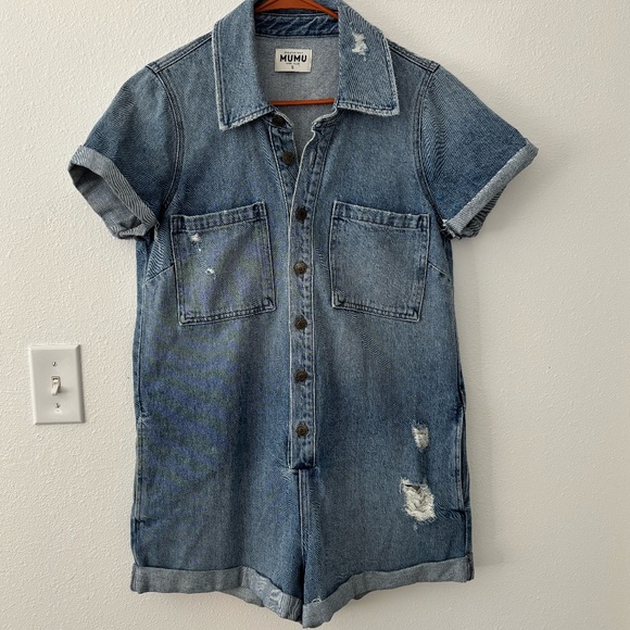 Show Me Your Mumu Denim Romper NWOT Distressed Range Shortall Coverall Size S - Picture 1 of 8